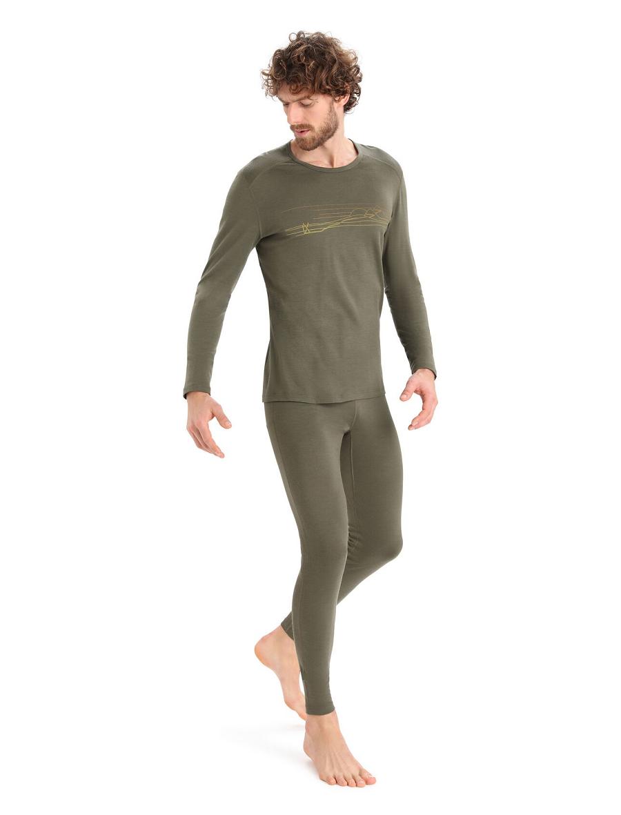 Icebreaker Merino 200 Oasis Long Sleeve Crewe Ski Stripes Férfi Base Layers Olivazöld | HU 1367QMAZ